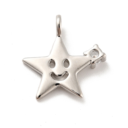 Star with Smiling Face Brass Micro Pave Clear Cubic Zirconia Pendants, Cadmium Free & Lead Free
