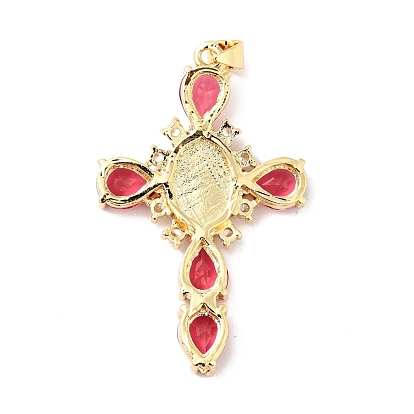 Rack Plating Brass Micro Pave Cubic Zirconia Pendants, Cadmium Free & Lead Free, Real 18K Gold Plated, Cross with Saint