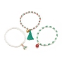 3Pcs 3 Style Glass Seed Stretch Bracelets Set, Christmas Tree & Bell & Tassel Charm Bracelets for Women