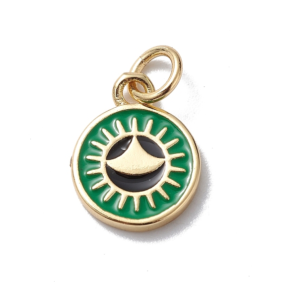 Brass Enamel Charms, Cadmium Free & Lead Free, Real 18K Gold Plated, Long-Lasting Plated, with Jump Ring, Flat Round with Sun Charm
