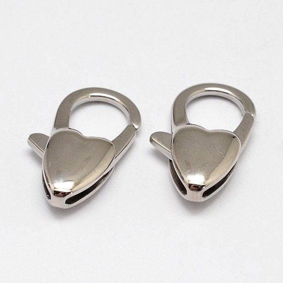 Heart 304 Stainless Steel Lobster Claw Clasps, 20x11x5mm, Hole: 1.5mm