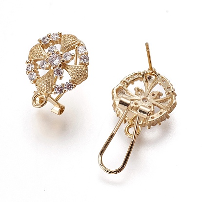 Brass Micro Pave Cubic Zirconia Stud Earring Findings, with Loop, Flat Round with Flower