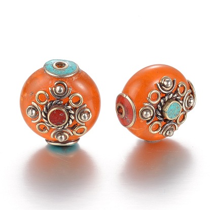 Perles de style tibétain, plat rond, imitation cire d'abeille et turquoise synthétique, avec les accessoires en laiton, Or antique