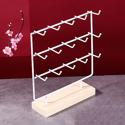 3-Tier 15-Hook Iron Jewelry Display Stands with Wooden Base, Jewelry Organizer Holder for Earring Display Cards, Hair Ties, Bracelets Storage, Rectangle