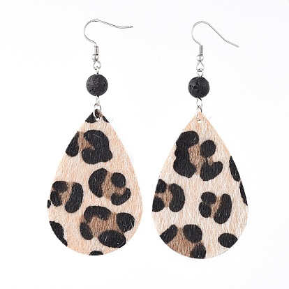 Imitation Leather Dangle Earrings, with Faux Fur, Natural Lava Rock Beads and 304 Stainless Steel Earring Hooks, Teardrop
