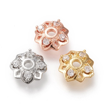 4-Petal Brass Bead Caps, with Clear Cubic Zirconia, Long-Lasting Plated, Flower