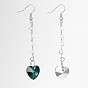 Heart Glass Dangle Earrings, with 304 Stainless Steel Heart Link Chains & Brass Hooks, 75mm, Pin: 0.8mm