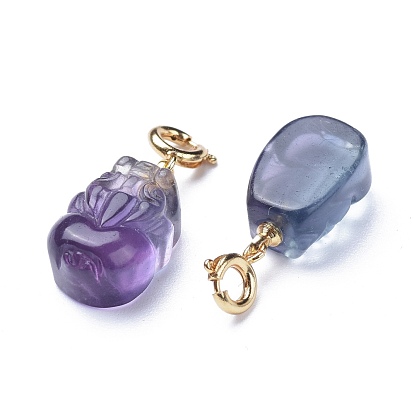 Carved Natural Fluorite Pendants, with Brass Spring Ring Clasps, Long-Lasting Plated, Pi Xiu
