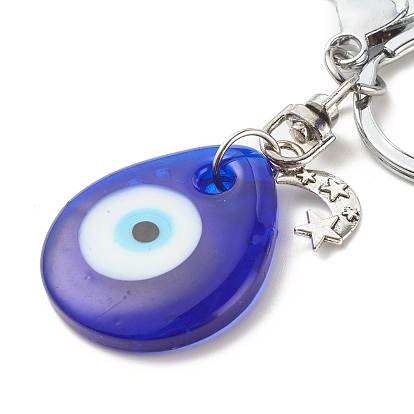 Alloy Keychains, with Tibetan Style Alloy Pendants and Handmade Lampwork Pendants, Teardrop with Evil Eye & Moon with Star
