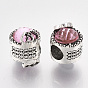 Antique Silver Plated Alloy European Beads, with Rhinestones, Large Hole Beads, Flat Round with Heart