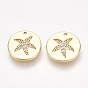 Brass Cubic Zirconia Charms, Nickel Free, Real 18K Gold Plated, Flat Round with Starfish/Sea Stars, Clear