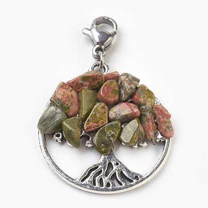 Ensembles de décorations pendantes, perles de gravillons mélangées synthétiques / naturelles avec pendentifs en alliage, accessoires en acier inoxydable, arbre de la vie, argent antique et la couleur de l'acier inoxydable