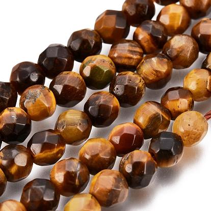 Faceted Grade A Natural Tiger Eye Round Bead Strands, Faceted