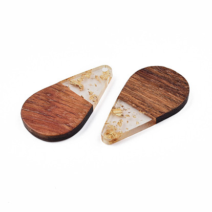 Transparent Resin & Walnut Wood Pendants, with Foil, Teardrop Charm