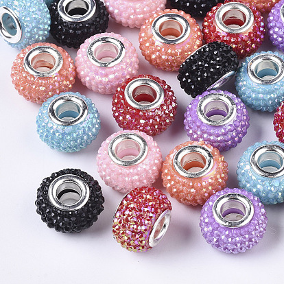 Opaque Resin European Beads, Large Hole Beads, Bayberry Beads, with Platinum Tone Brass Double Cores, AB Color, Rondelle