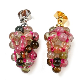Natural Tourmaline Round Cluster Pendants, Grape Charms with Alloy Snap on Bails and Elastic Rope
