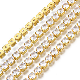 Flat Round Cubic Zirconia Strass Chains, Gold Plated Brass Link Chains, Soldered, with Spool