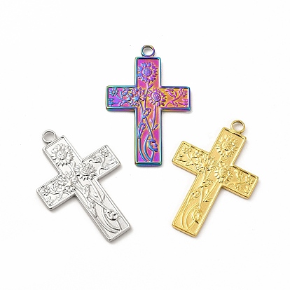 Ion Plating(IP) 304 Stainless Steel Pendants, Cross with Sunflower Charm