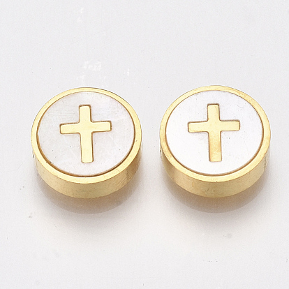 304 Stainless Steel Beads, with Shell, Flat Round with Cross