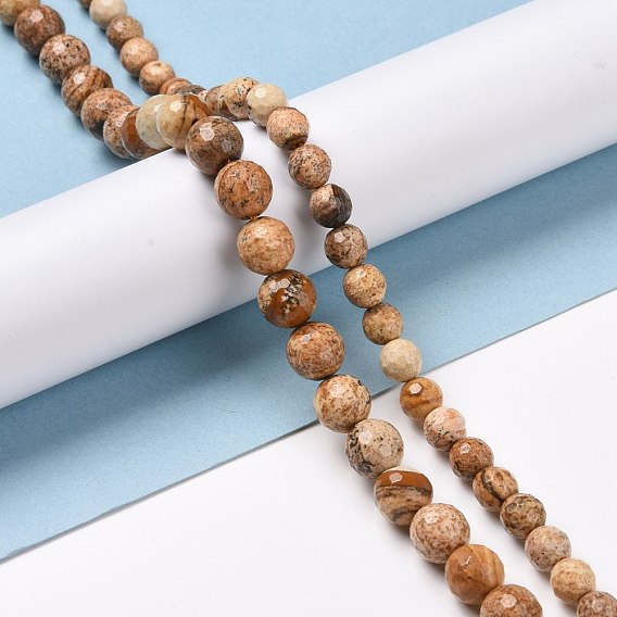 Natural Picture Jasper Beads Strands, Faceted(128 Facets), Round