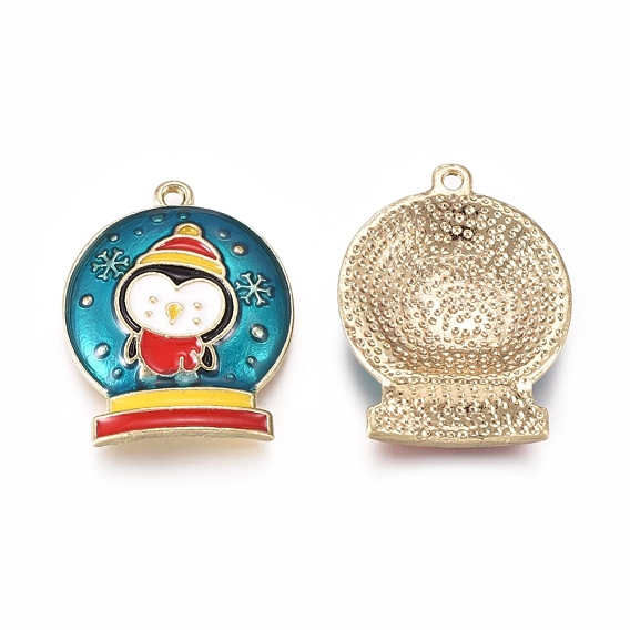 Alloy Enamel Pendants, for Christmas, Flat Round with Penguin, Colorful