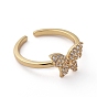 Adjustable Brass Micro Pave Clear Cubic Zirconia Cuff Rings, Open Rings, Long-Lasting Plated, Butterfly