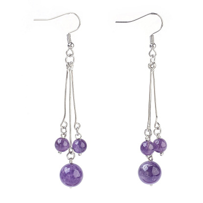 Natural Gemstone Dangle Earrings Sets, with 304 Stainless Steel Earring Hooks and Iron Eye Pins, Round, Stainless Steel Color