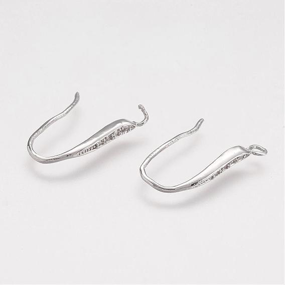 Brass Micro Pave Cubic Zirconia Stud Earring Findings, with Horizontal Loop, Real Platinum Plated