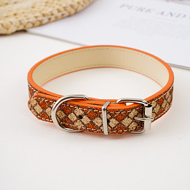 Adjustable Imitation Leather Pet Collars, with Glitter Powder, Rhombus Pattern Cat Dog Choker Necklace