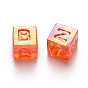 Abalorios de acrílico transparentes, agujero horizontal, color de ab chapado, cubo con letras iniciales mixtas