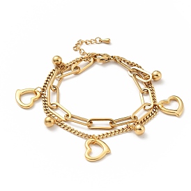 Bracelet multirangs charm coeur et boule ronde, placage sous vide 304 bracelet à chaînes double couche en acier inoxydable pour femme