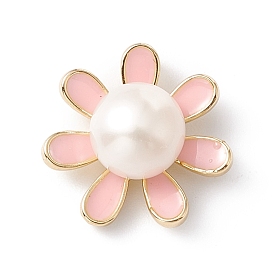 Natural Freshwater Pearl Pink Enamel Pendants, with Golden Tone Brass Findings, Flower Charm