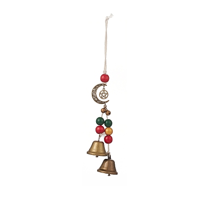 Adornos colgantes con cuentas de madera de schima con tema navideño, campanas de viento de campana de hierro con luna y estrella de aleación