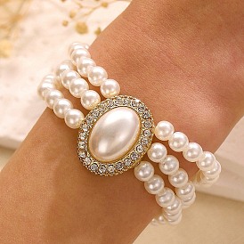 Natural Pearl Beaded Triple Layer Multi-strand Bracelets, Alloy Link Bracelet