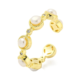 Natural Pearl Open Cuff Ring with Cubic Zirconia, Brass Finger Ring