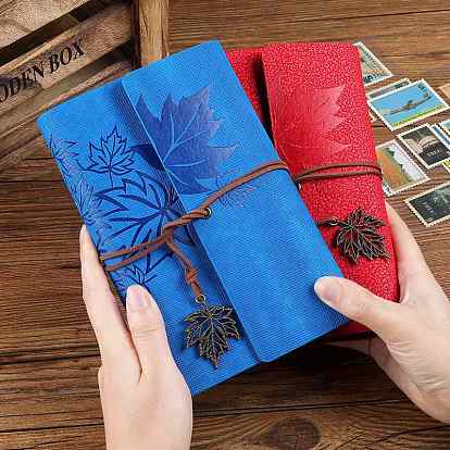 PU Leather Cover 6 Ring Binder Notebooks, Travel Journal, with String, Maple Leaf Pendants & Wood-free Paper, Rectangle