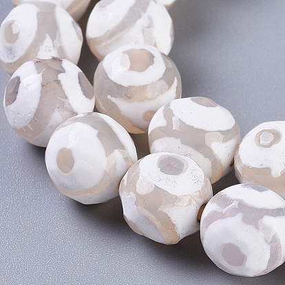 Tibetan Style 3-Eye dZi Beads, Natural Agate, Dyed, Faceted, Round, White