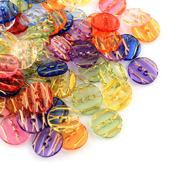 Botones de acrílico transparente, botones de plástico de costura para el diseño de vestuario, 2 agujero, teñido, plano y redondo, 13x3 mm, agujero: 1 mm