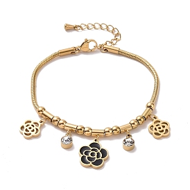 Crystal Rhinestone & Enamel Flower Charm Bracelet with Snake Chains, Ion Plating(IP) 304 Stainless Steel Jewelry for Women