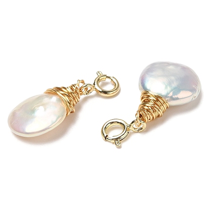 Wire Wrapped Pearl Teardrop Pendant Decorations, with Brass Spring Ring Clasps