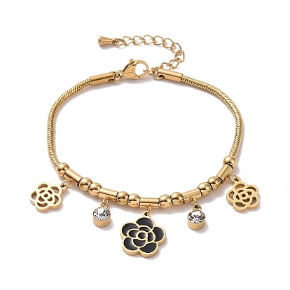 Bracelet à breloques fleur en cristal, strass et émail avec chaînes serpent, placage ionique (ip) 304 bijoux en acier inoxydable pour femmes