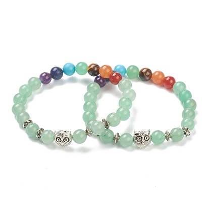 Chakra Jewelry, Round Gemstone Stretch Beaded Bracelets, with Alloy Owl Beads, Antique Silver
