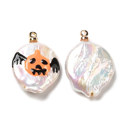 Baroque Style Natural Keshi Pearl Pendants with Enamel, Halloween Flat Round Charms with Golden Tone Brass Pendant Bails, Seashell Color