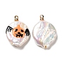 Pendentifs en perles keshi naturelles de style baroque avec émail, Breloques rondes plates d'Halloween avec bélières en laiton doré, couleur de coquillage