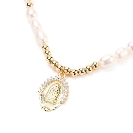 Personalized Dual-use Items, Brass Micro Pave Cubic Zirconia Three Loops Stretch Wrap Bracelets or Pendant Necklaces, Virgencita Necklaces, with Natural Pearl Beads and Brass Round Beads, Oval with Virgin Mary