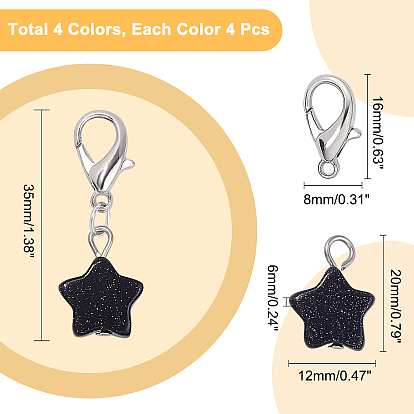 CHGCRAFT 16Pcs 4 Colors Star Gemstone Pendant Decoration, with Iron Flat Head Pins, Zinc Alloy Lobster Claw Clasps