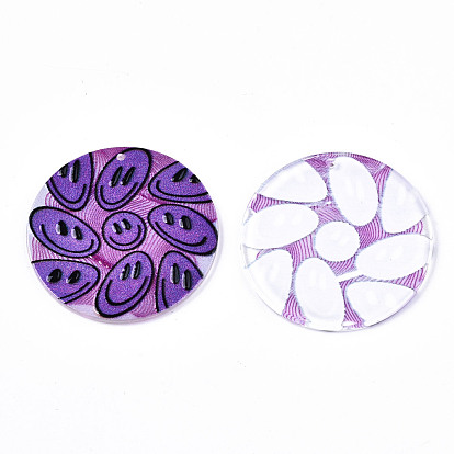 Acrylic Pendants, 3D Printed, Flat Round with Smiling Face Pattern