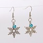 Tibetan Style Christmas Snowflake Dangle Earrings, with Glass Beads and Brass Earring Hooks, Antique Silver, 41mm, Pin: 0.6mm