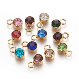 Glass Rhinestone Charms, Birthstone Charms, with Golden Tone 201 Stainless Steel Findings, Flat Round