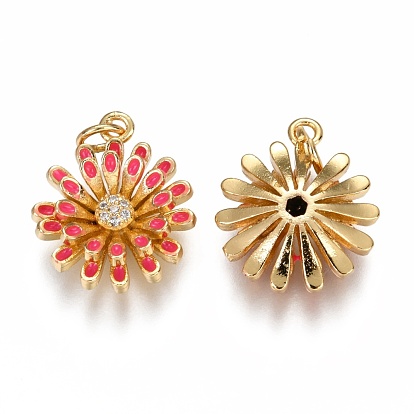 Brass Micro Pave Clear Cubic Zirconia Pendants, Long-Lasting Plated, with Enamel & Jump Rings, Flower, Real 18K Gold Plated